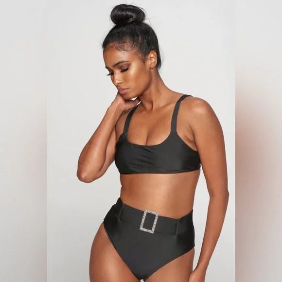 Black High Waisted Two Piece Set | Black High Waisted Bikini with Belted Bottom - Picture 1 of 9